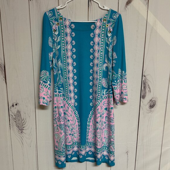 Lilly Pulitzer Tana Dress M Turquoise “Water Ya Waiting” UPF 50 EUC - Picture 1 of 12